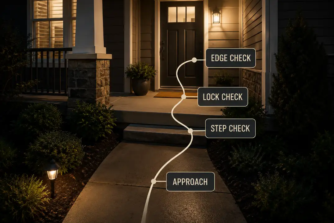 Night entry test route showing approach, step check, lock check, and porch edge check under a front door light.