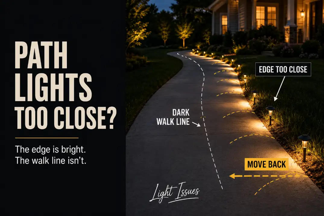 Path lights installed too close to a walkway edge, leaving a bright edge strip and a darker center walking line.