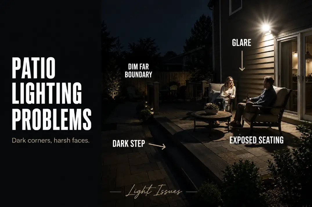 Backyard patio and deck lighting problem with one bright wall fixture causing glare while the deck step and seating edge stay dark and exposed.
