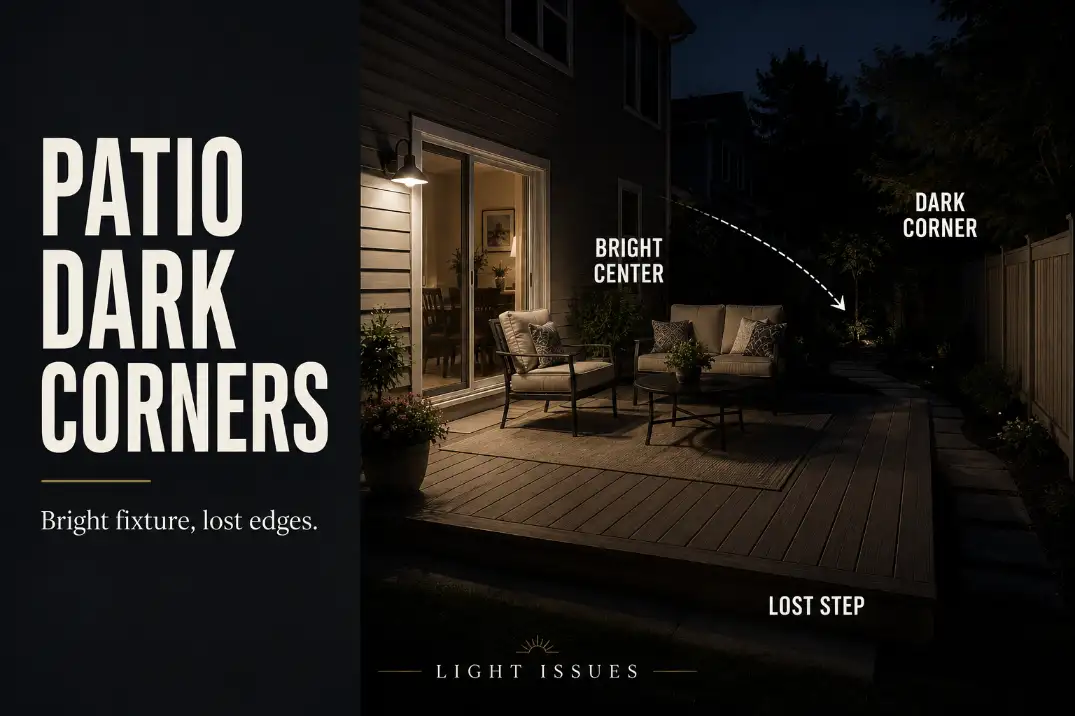 Backyard patio lighting with a bright center, dark far corner, and hidden deck step caused by uneven light placement.