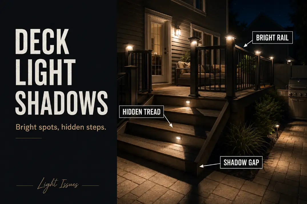 Deck lights creating bright rail glare while stair treads and the walking route remain hidden in hard shadow at night.