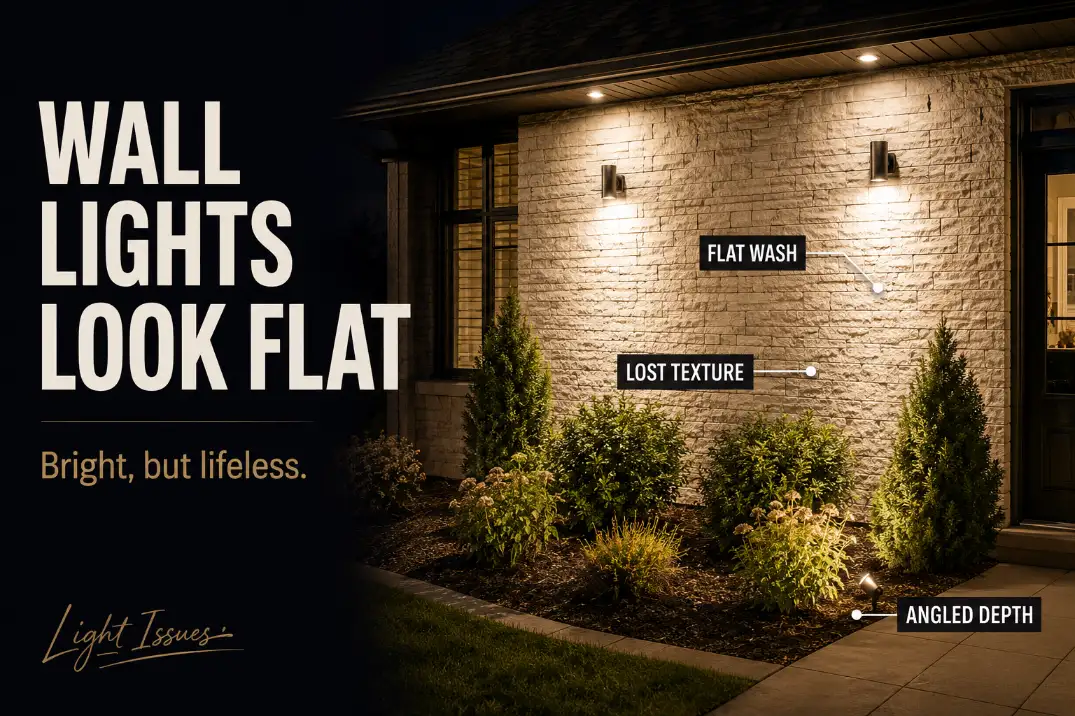 Wall-mounted outdoor lights washing a stone wall and shrubs flat at night, with labels showing flat wash, lost texture, and angled depth.