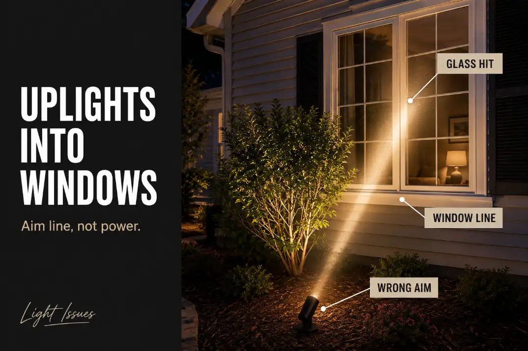 Garden uplight aimed past a shrub and into a home window, showing wrong beam aim, window line, and glass reflection at night.