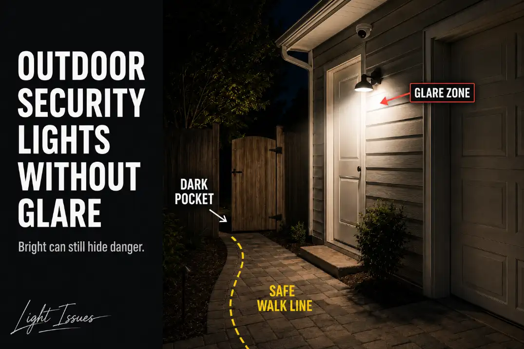 Outdoor security light causing glare at a side entry while dark pockets remain near the step and gate approach.