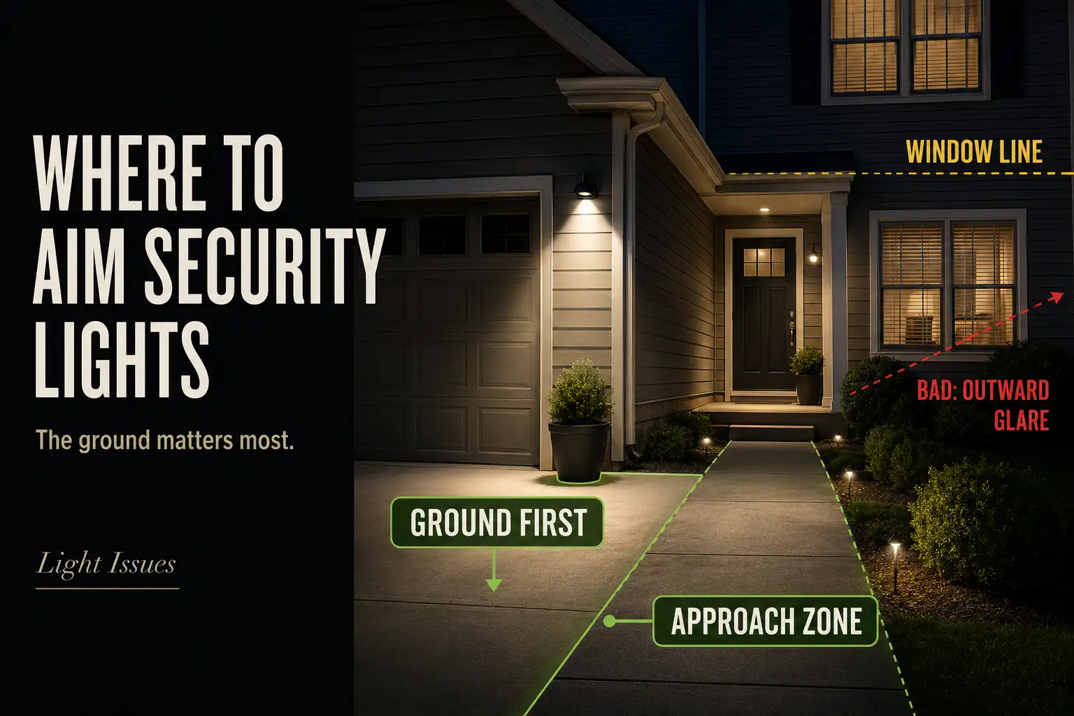 Outdoor security light aimed downward toward a driveway and entry path while staying below nearby window lines.