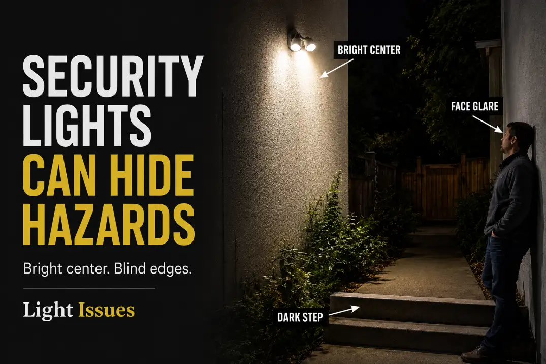 Wall-mounted security light causing face glare while a nearby step edge and side path remain dark at night.