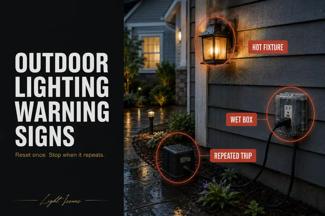 Outdoor lighting warning signs showing a repeated GFCI trip, wet electrical box, and hot fixture that may require an electrician.