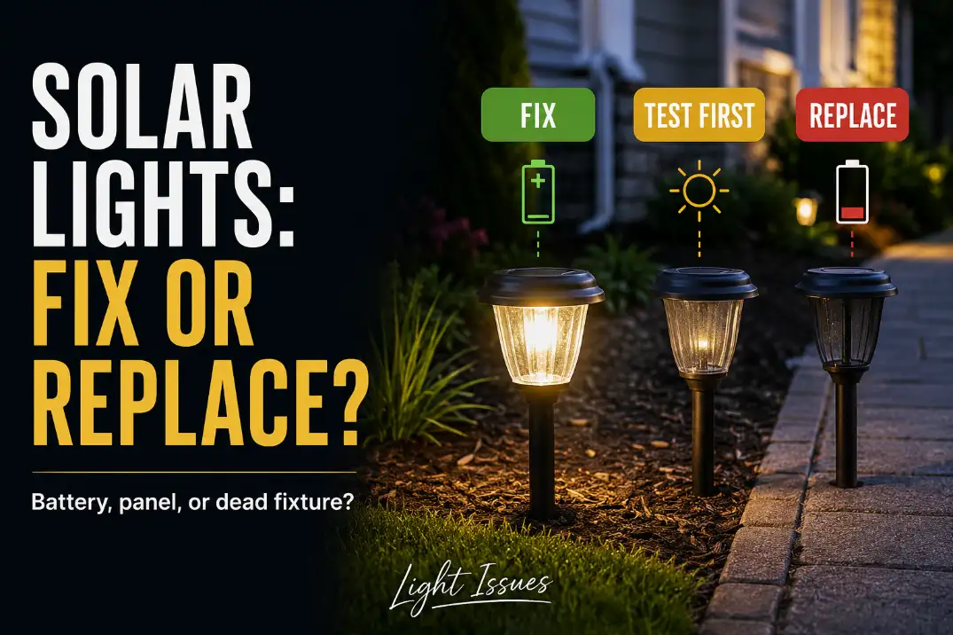 Solar outdoor path lights showing working, dim, and dead fixtures with fix or replace decision labels.