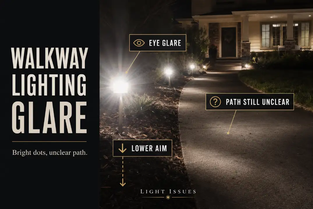 Walkway path lights creating eye glare while the walking surface remains unclear at night.