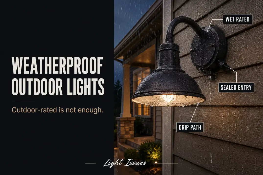 Outdoor wall light in rain showing wet rating, sealed cable entry, and drip path that help make the fixture weatherproof.
