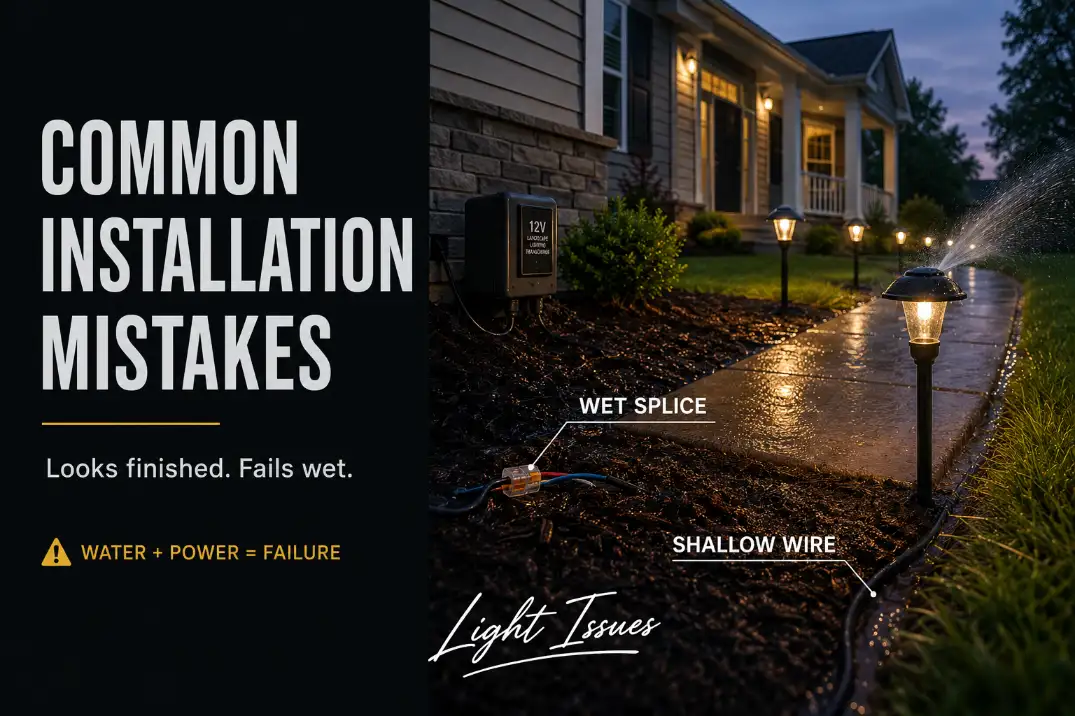 Outdoor lighting installation with wet splice, shallow wire, and sprinkler exposure showing common mistakes that cause failures.