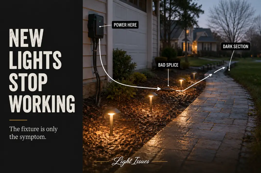 New outdoor path lights after installation with the first fixtures working, a bad splice warning, and a dark section farther down the run.