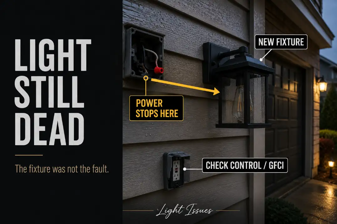 New outdoor light fixture still dark because power stops before reaching the replacement fixture.