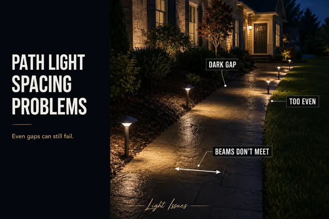 Pathway lights spaced evenly along a suburban walkway but leaving dark gaps because the beams do not meet.