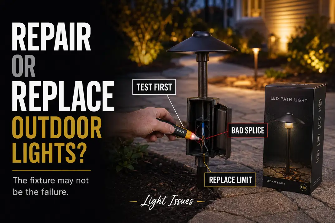 Outdoor light repair or replacement decision scene showing a failing fixture, voltage tester, bad splice, and boxed replacement light.