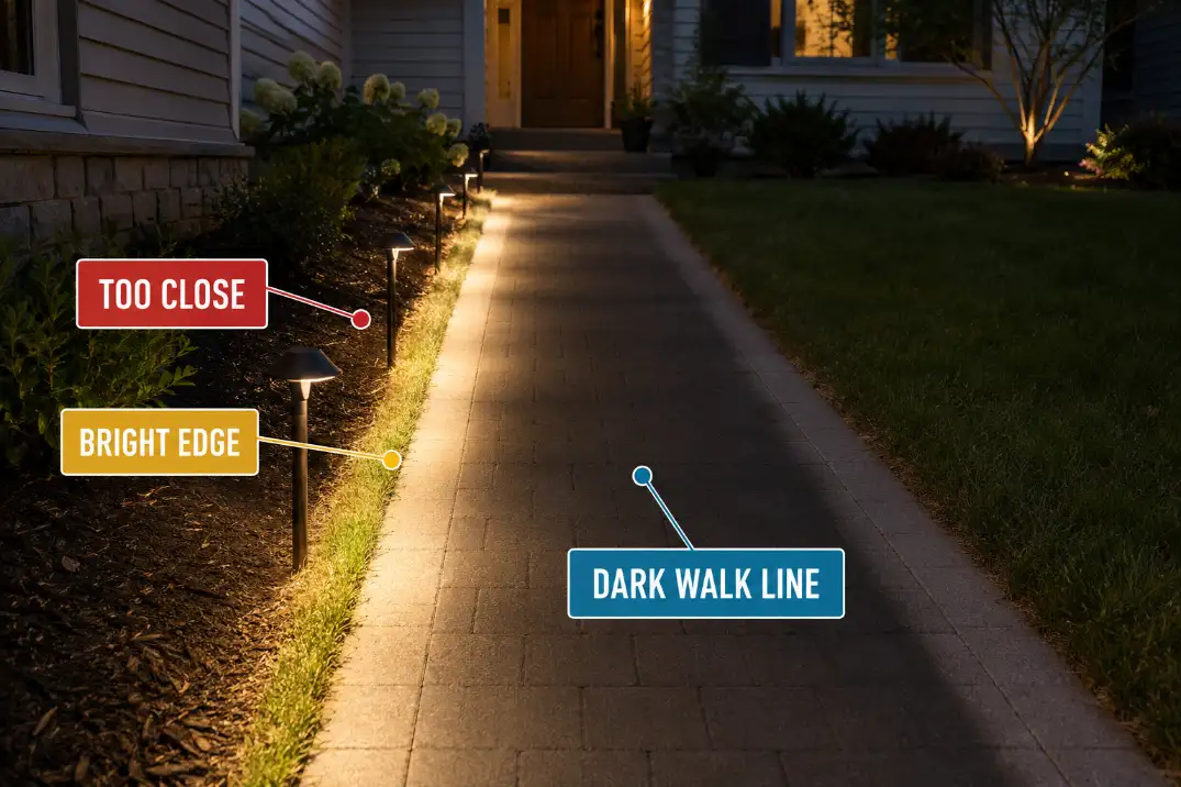 Path lights placed too close to the walkway edge with a bright border and darker walking line.