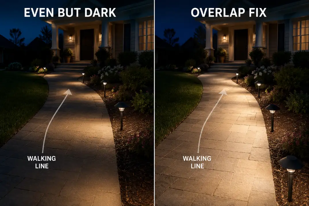 Comparison of evenly spaced pathway lights leaving dark walking gaps versus adjusted lights creating better beam overlap on the walking line.