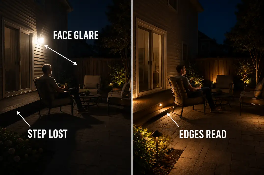 Comparison of harsh patio wall lighting that causes face glare versus lower shielded lighting that reveals the deck step and seating edge.