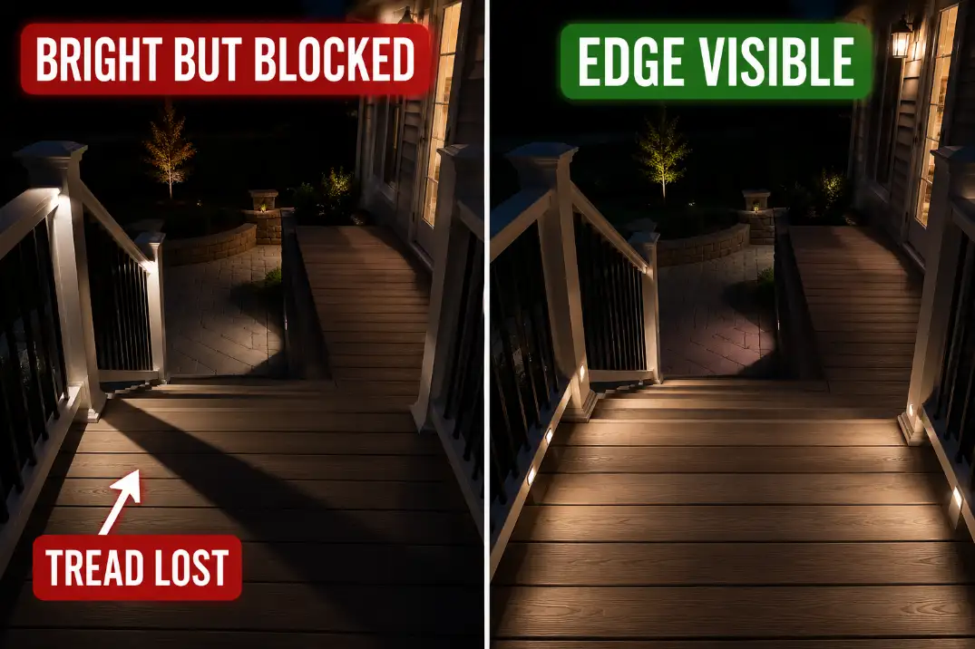 Comparison of bright deck rail lights causing tread shadows versus shielded step lights revealing the stair edge.