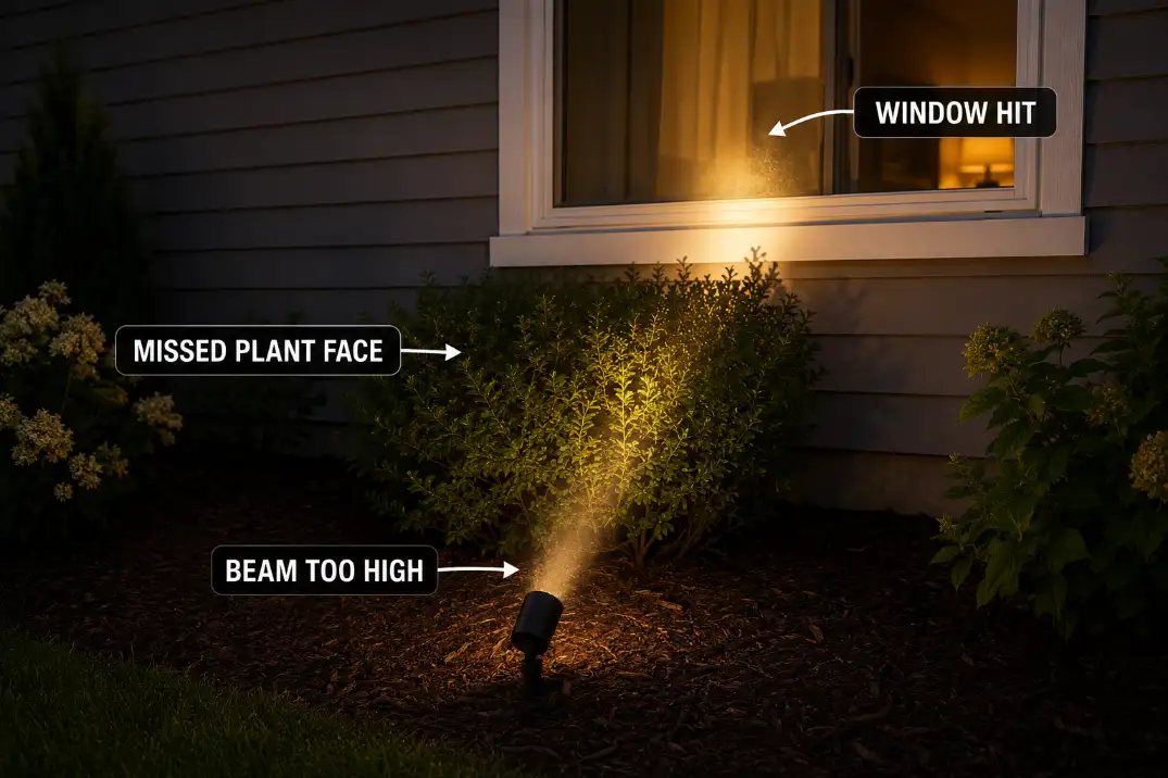 Ground garden uplight aimed too high past a shrub and across a window line, showing why the beam shines into the house.