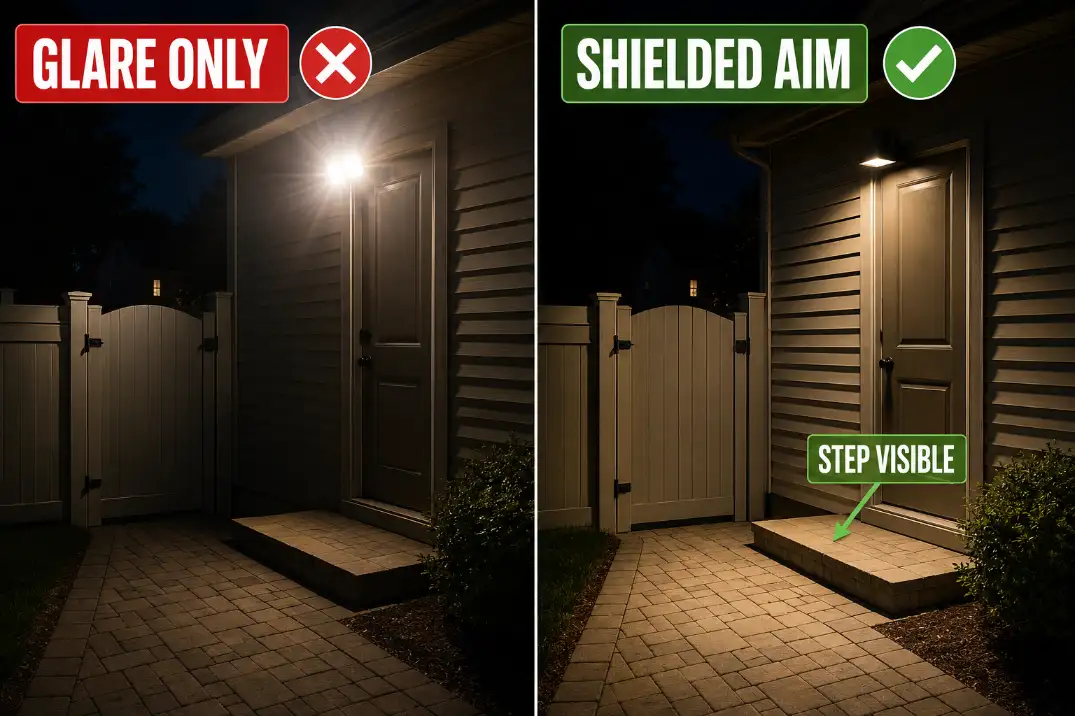 Comparison of an outdoor security light causing eye-level glare versus a shielded light revealing the step and walkway.