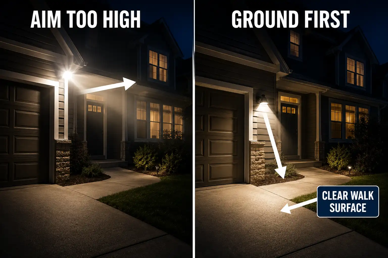 Comparison of an outdoor security light aimed too high versus aimed down at the driveway and walking surface.