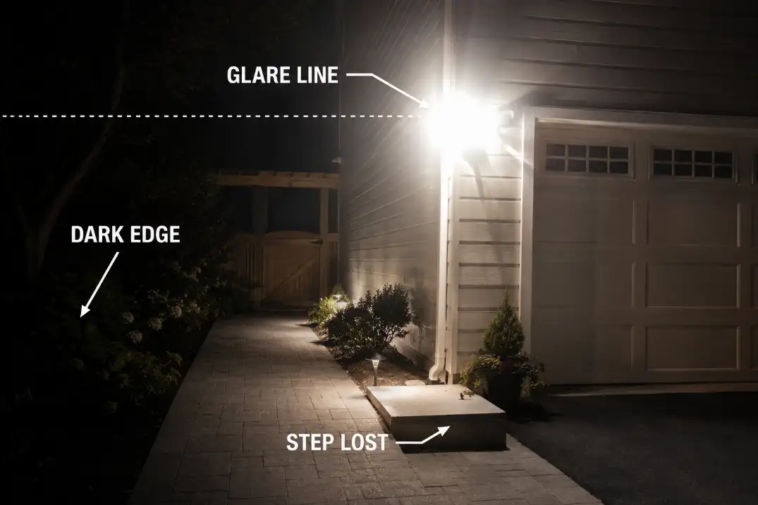 Eye-level backyard view showing security light glare with a dark edge and step that are difficult to see.