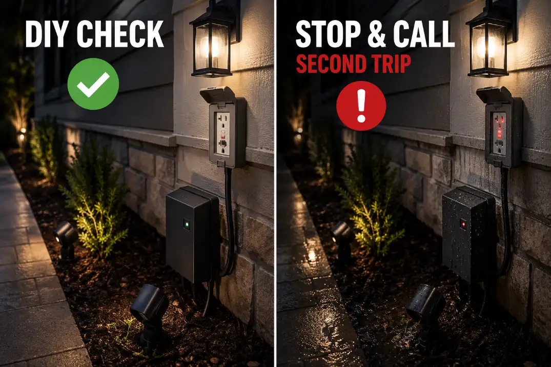 Comparison of safe outdoor lighting checks and a second GFCI trip that means the homeowner should stop and call an electrician.