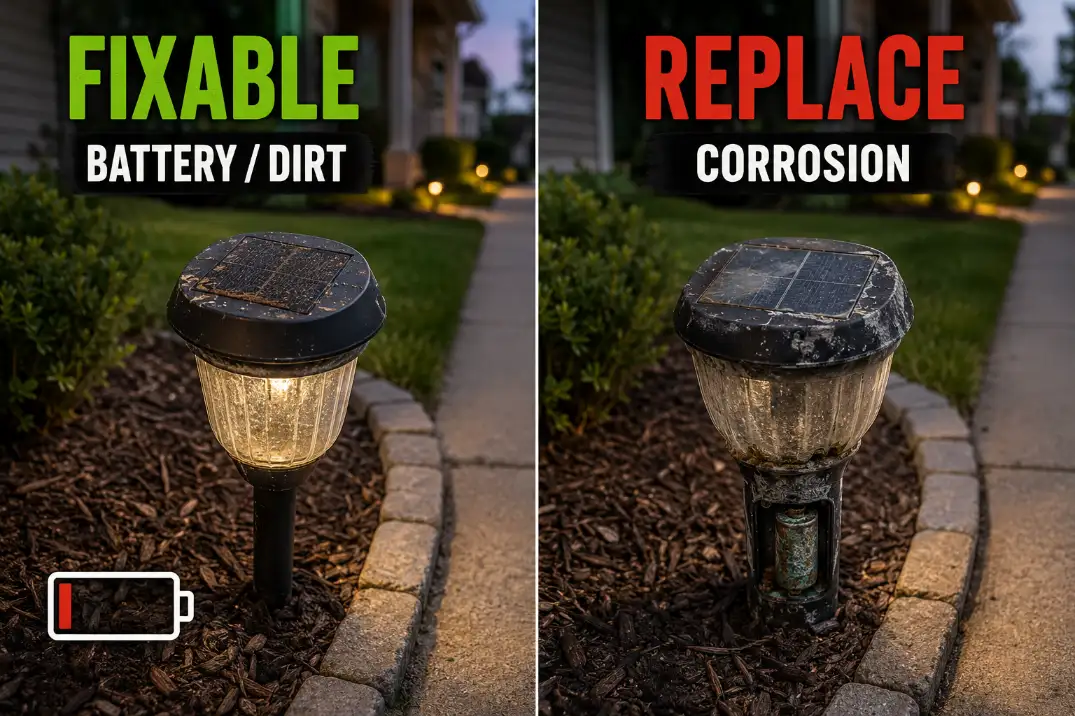 Comparison of a fixable solar path light with dirt and a weak battery versus a failed solar light with corrosion and a cloudy panel.