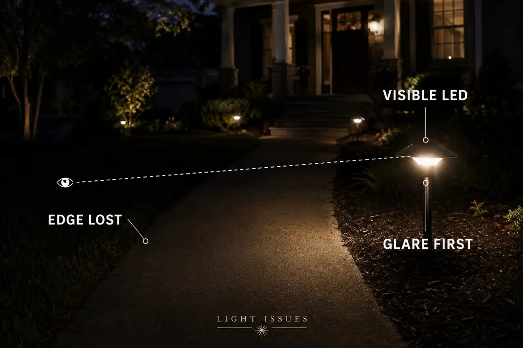 Visible LED path lights causing glare before the walkway edge is easy to read at night.