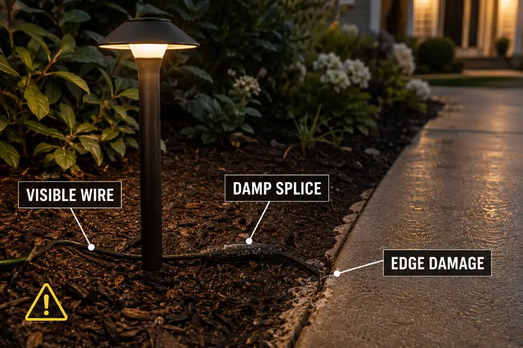 Path light beside a walkway with visible shallow wire and damp splice showing hidden outdoor lighting installation weak points.