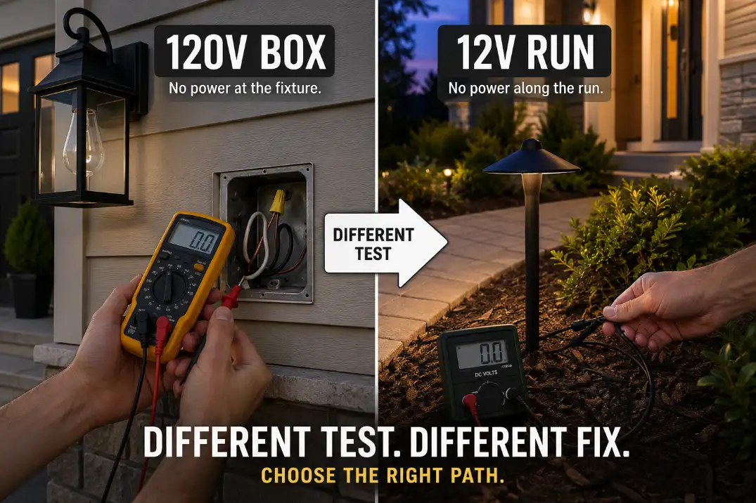 Comparison showing different troubleshooting paths for a hardwired outdoor fixture and a low-voltage landscape fixture after replacement.