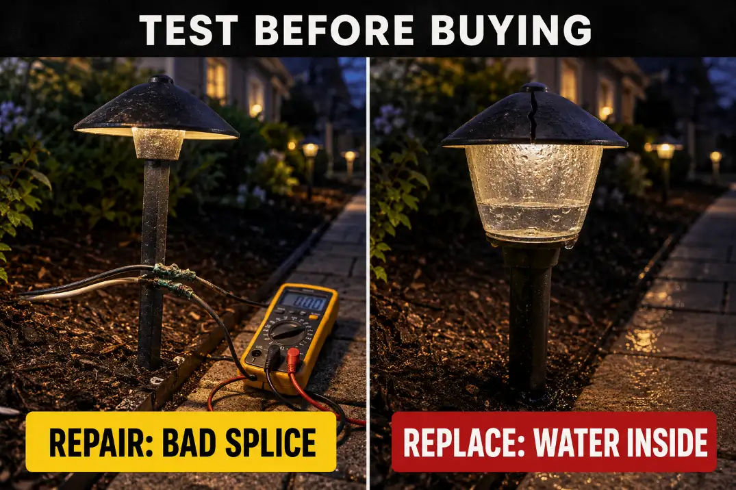 Comparison of a repairable outdoor light splice problem and a cracked outdoor fixture with water inside that should be replaced.