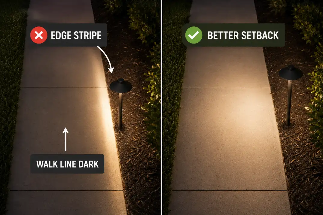 Comparison of a path light too close to the walkway edge versus a better setback that lights the walking line.