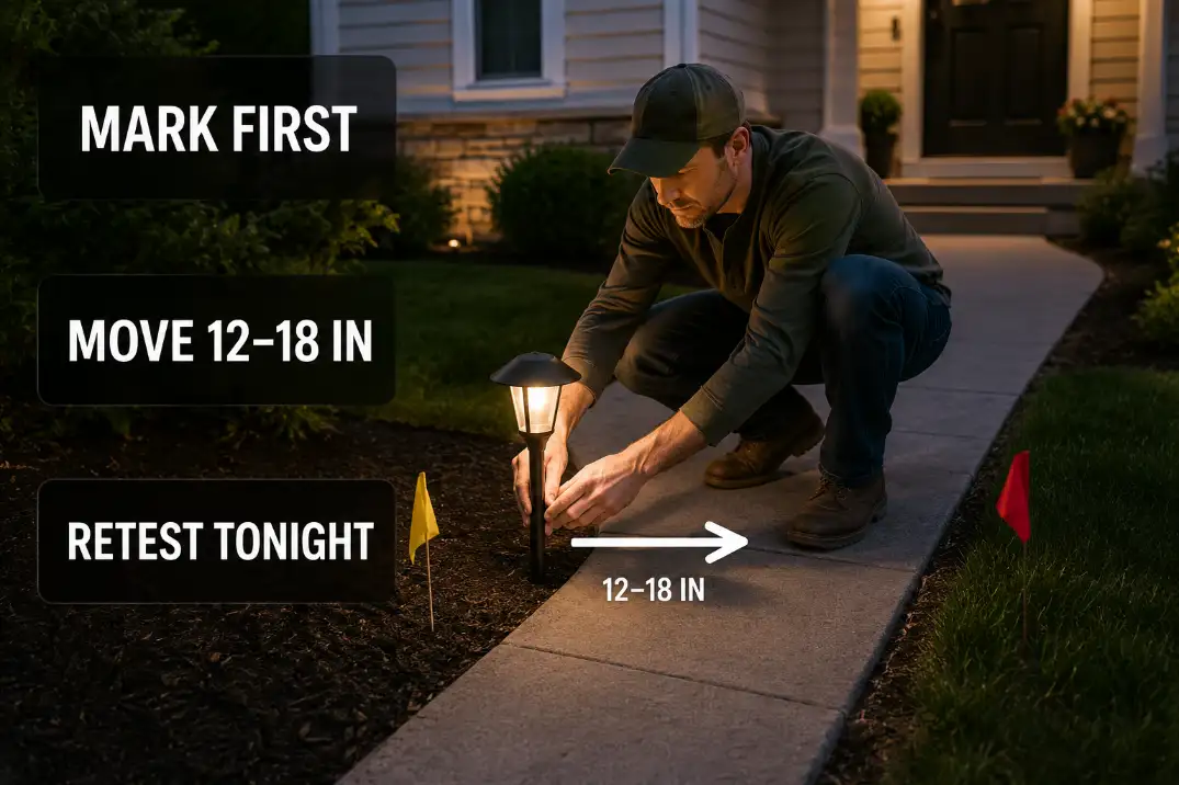 Overhead diagram showing pathway light spacing corrected by lighting the step first, closing dark gaps, and softening the stagger.