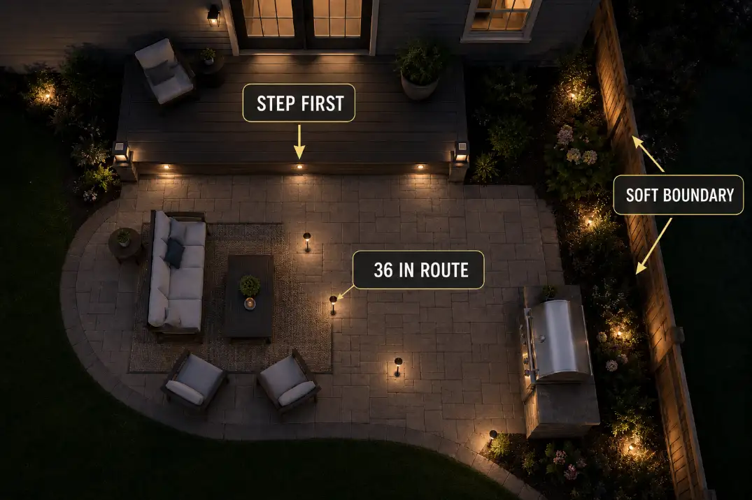 Overhead patio and deck lighting diagram showing step edges, a 36 inch walking route, and soft boundary lighting priorities.