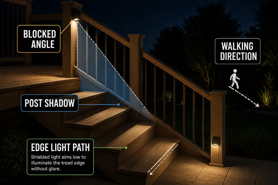 Diagram showing how a blocked rail light casts shadows on deck stair treads while a shielded step light reaches the edge.