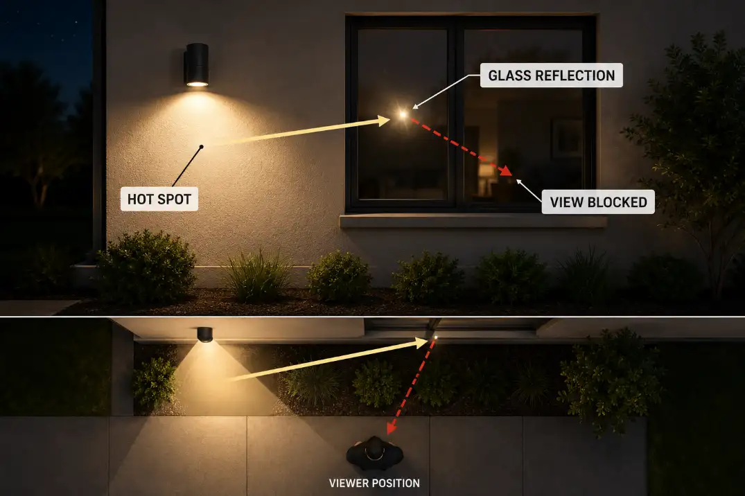 Diagram showing a wall light creating a hot spot on the wall and reflecting toward a window while blocking the exterior landscape view.