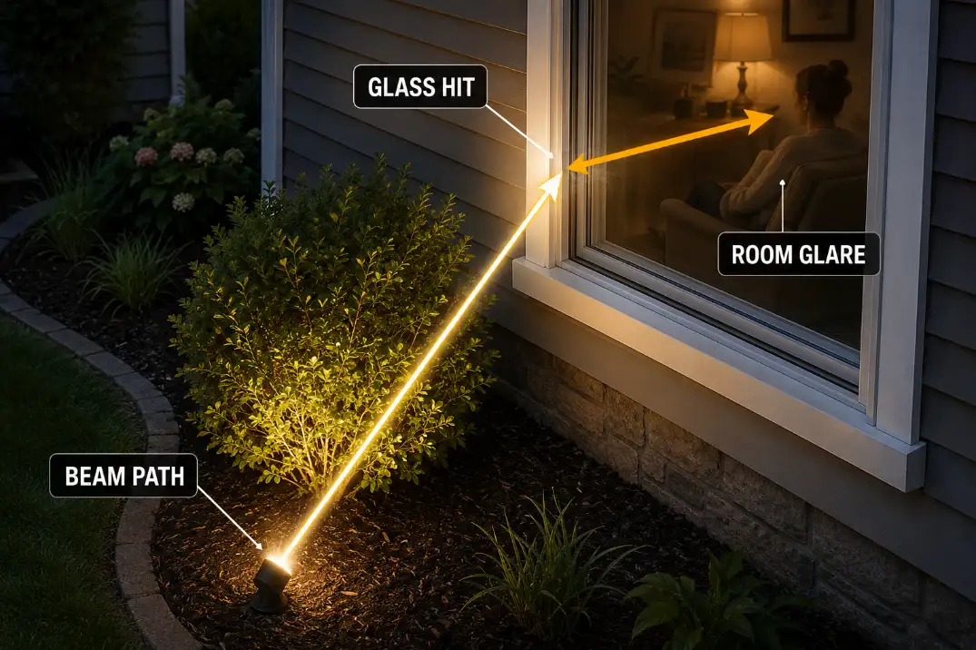 Diagram showing a garden uplight beam path hitting window glass and reflecting glare toward an indoor viewer.
