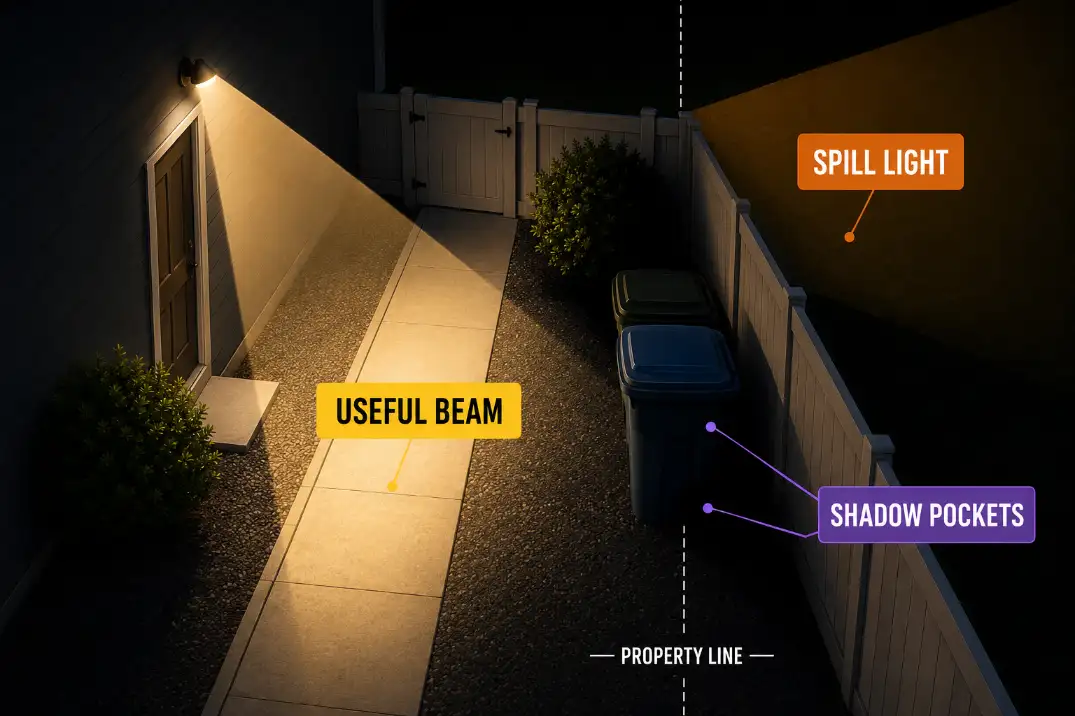 Overhead diagram showing useful security light on a side-yard path, spill light crossing a fence, and shadow pockets behind bins and shrubs.
