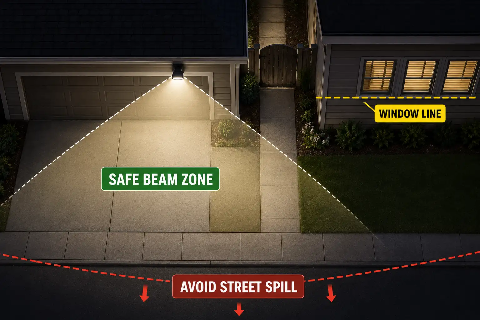 Overhead diagram showing safe outdoor security light beam zones aimed at ground routes while avoiding windows and street spill.