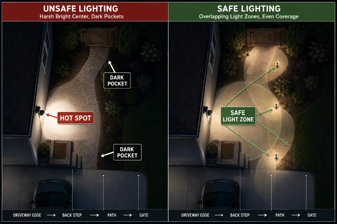 Overhead lighting diagram comparing a security light hot spot and dark pocket with safer overlapping light zones along a yard route.