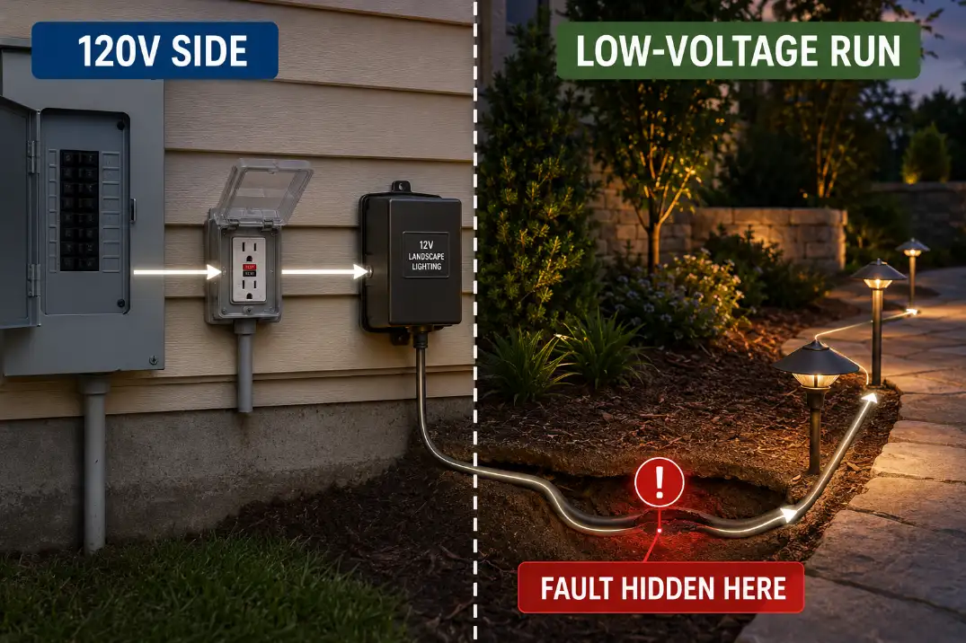 Outdoor lighting system diagram showing the electrician boundary between the 120-volt supply side and the low-voltage lighting run.