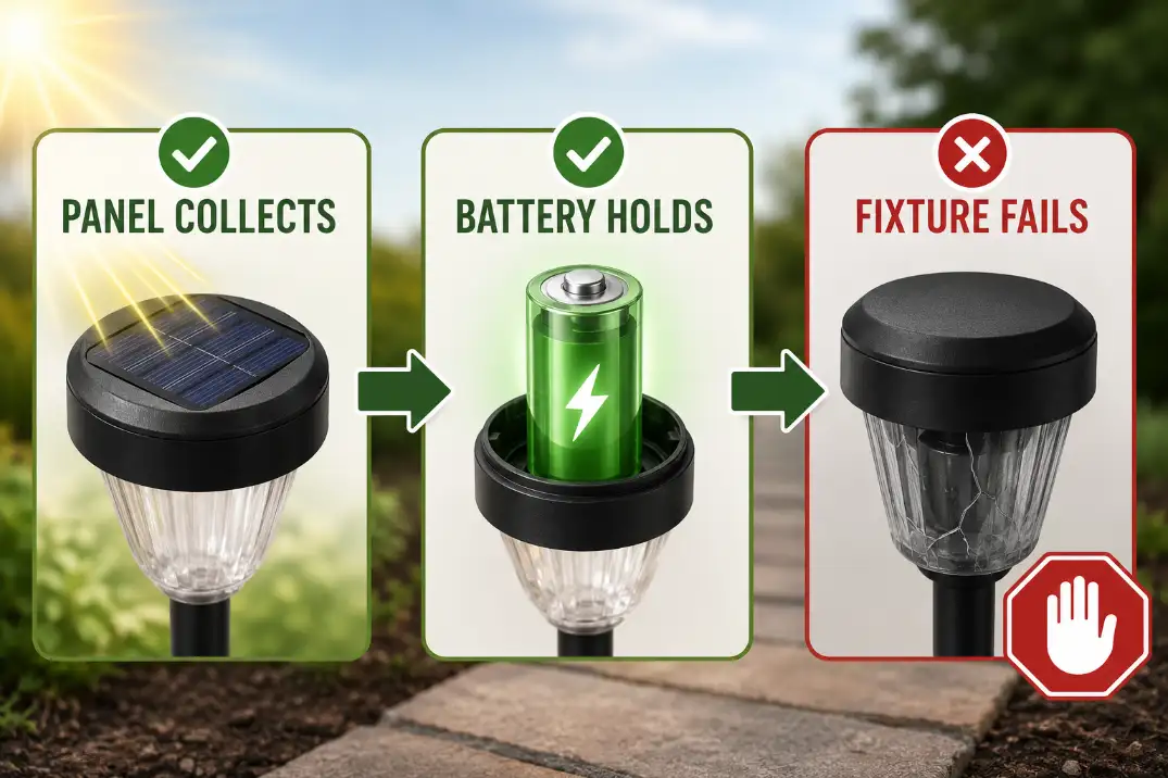 Diagram showing a solar outdoor light decision path from panel charging to battery storage to fixture failure.