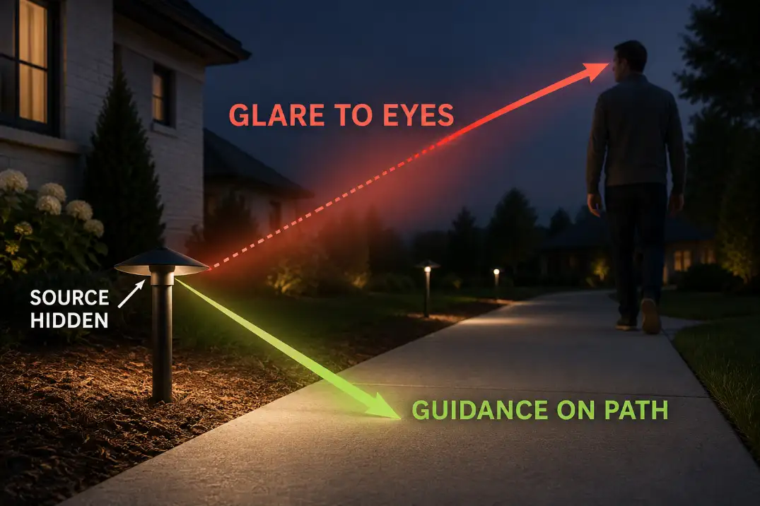 Diagram showing path light glare entering eye level compared with shielded light landing on the walkway edge.