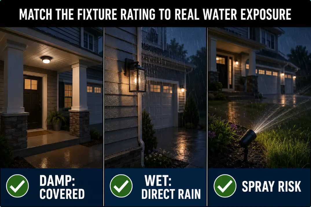 Three-panel outdoor light rating selector showing covered porch, uncovered wall, and sprinkler-exposed landscape light exposure.