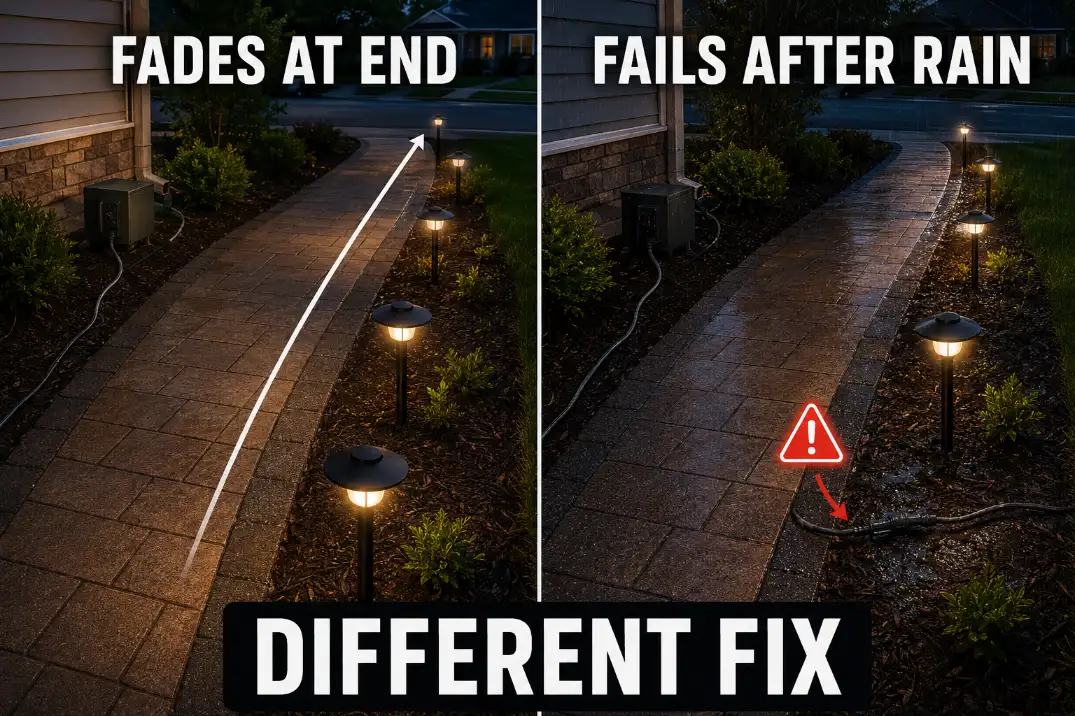 Comparison of low-voltage outdoor lighting failures showing voltage fading at the end of a cable run versus one wet splice failing after rain.