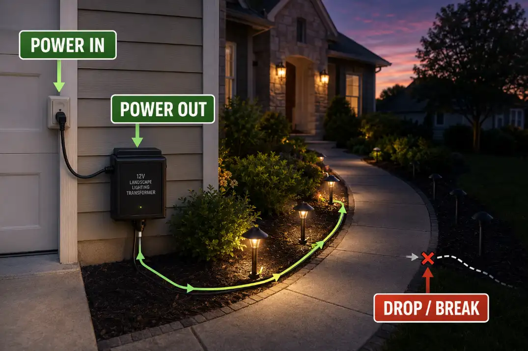 Diagram of a new low-voltage outdoor lighting system showing power entering the transformer, leaving the transformer, and dropping or breaking before the far fixtures.