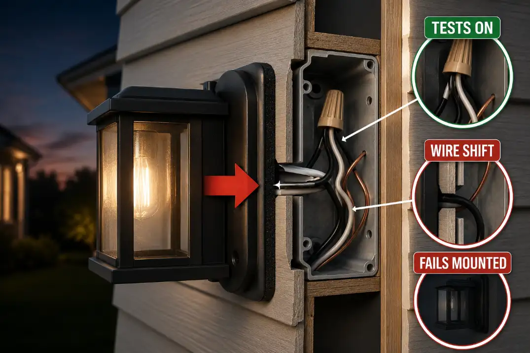 Cutaway showing a new outdoor fixture failing after mounting because wires shift or pinch inside the junction box.