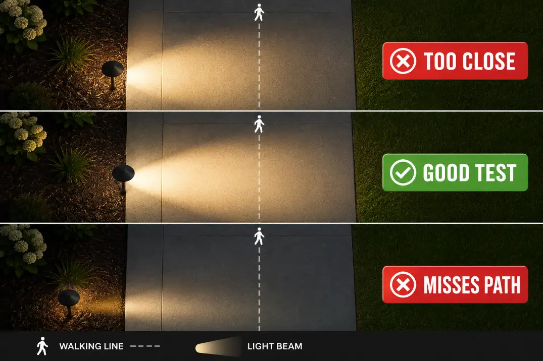 Diagram showing three path light setback positions from a walkway edge, comparing too close, good test position, and a position that misses the path.